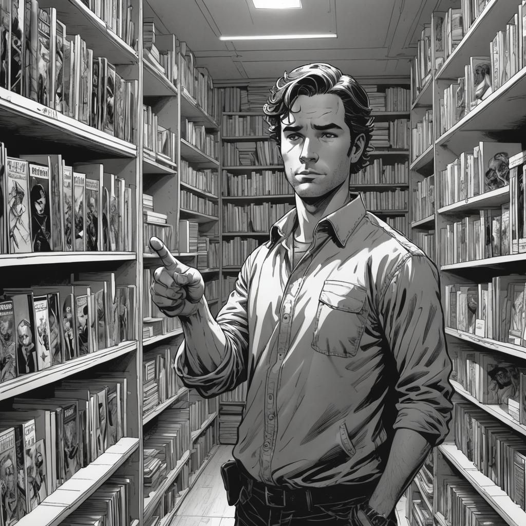 Comic Book Panel: Empty Bookshelf in Black and White