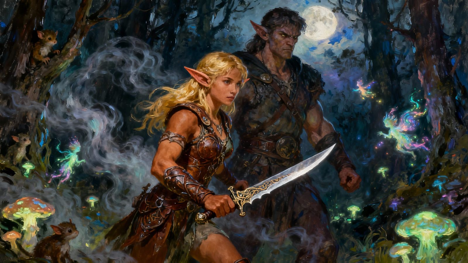 Elf Warrior Princess and Guardian in Mystical Forest