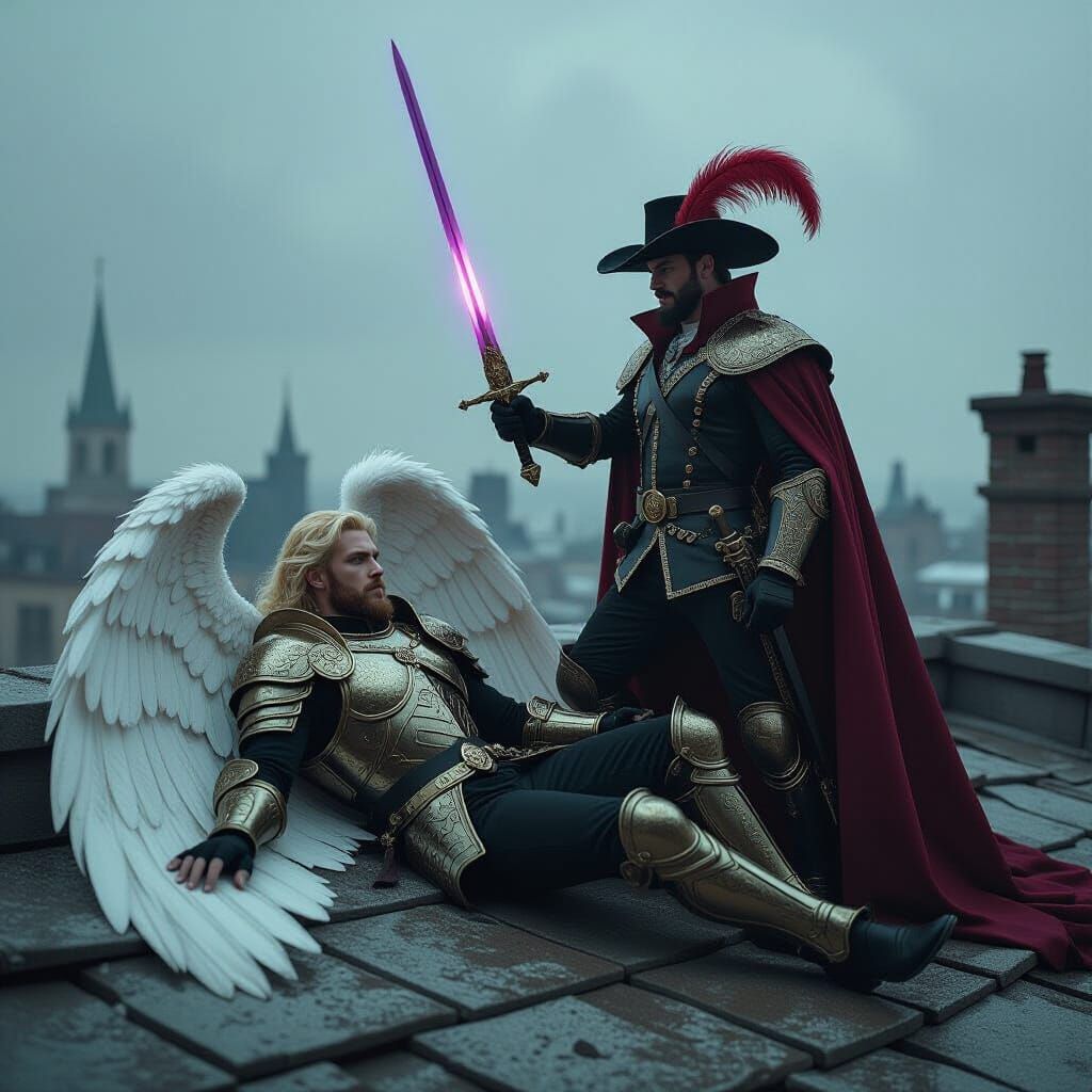 Angel's Defeat: Urban Fantasy Rooftop Battle in Dark Realism