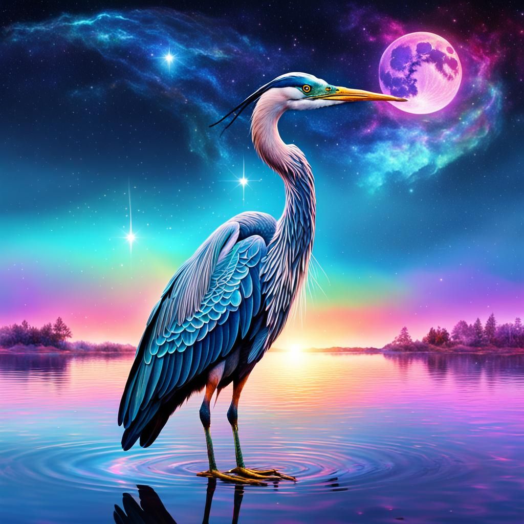 Cosmic Heron in Magical Lake: Mixed Media Art