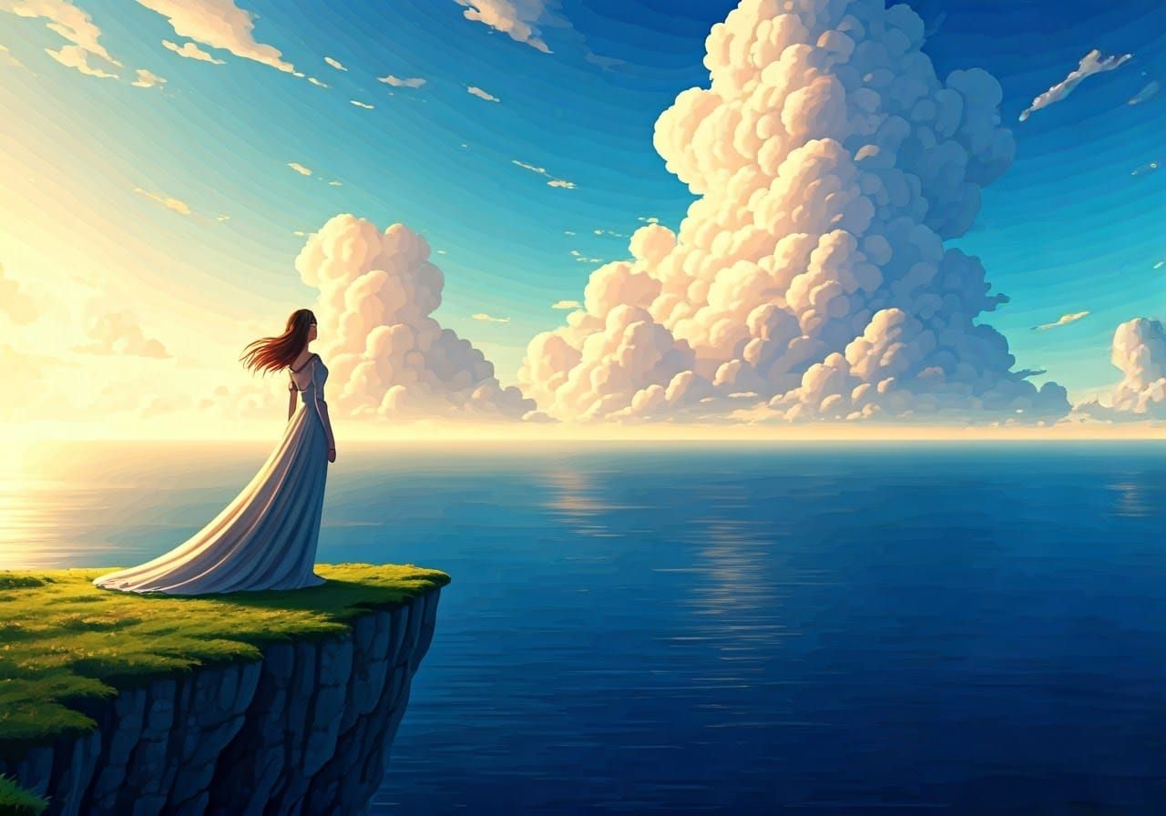 Young Woman Amidst Ethereal Clouds and Ocean
