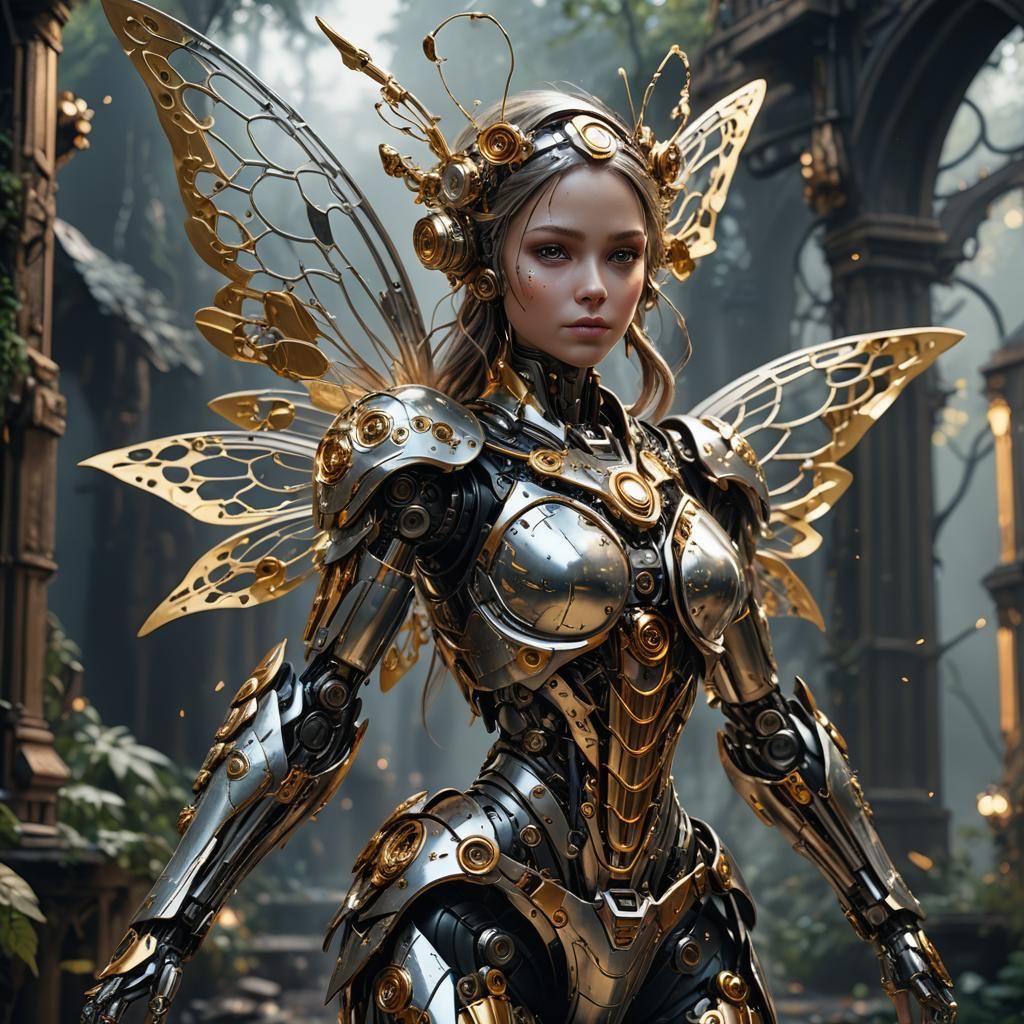 Silver and Gold Robotic Fairy: Fantasy Concept Art
