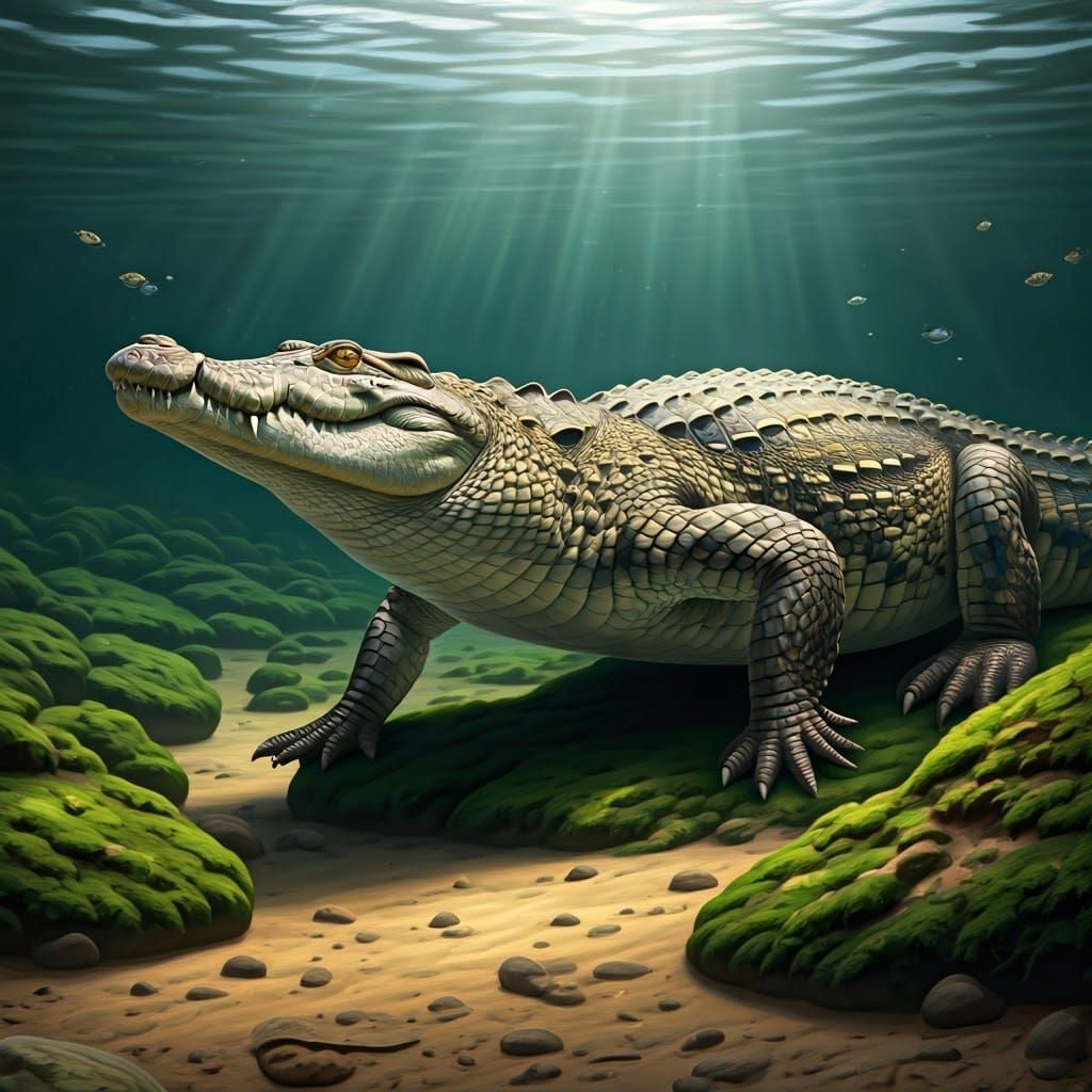 East African Lake Scene with Crocodile, Zoological Illustrat...