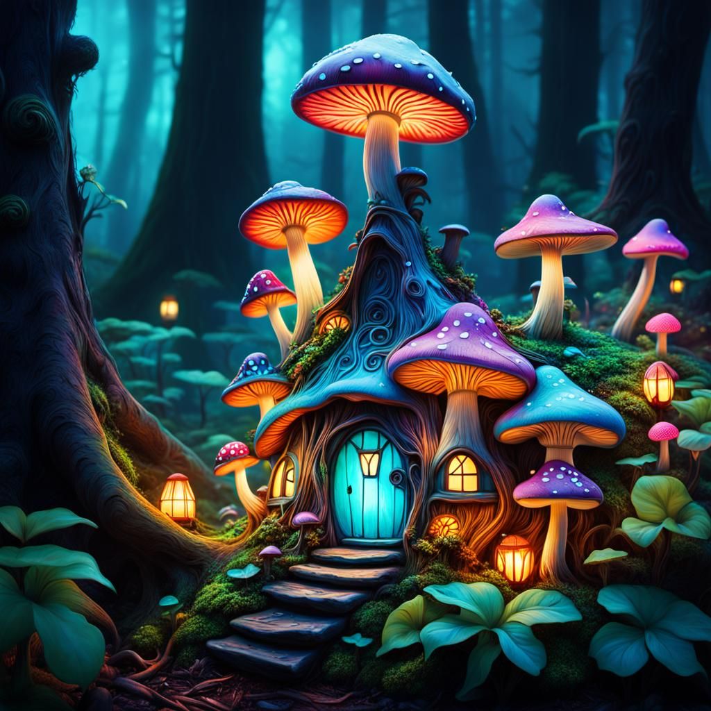 Glowing Fairy Mushroom House in Bioluminescent Forest