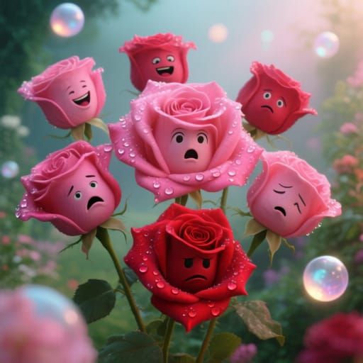 Surreal Roses with Expressive Faces in Dreamy Garden
