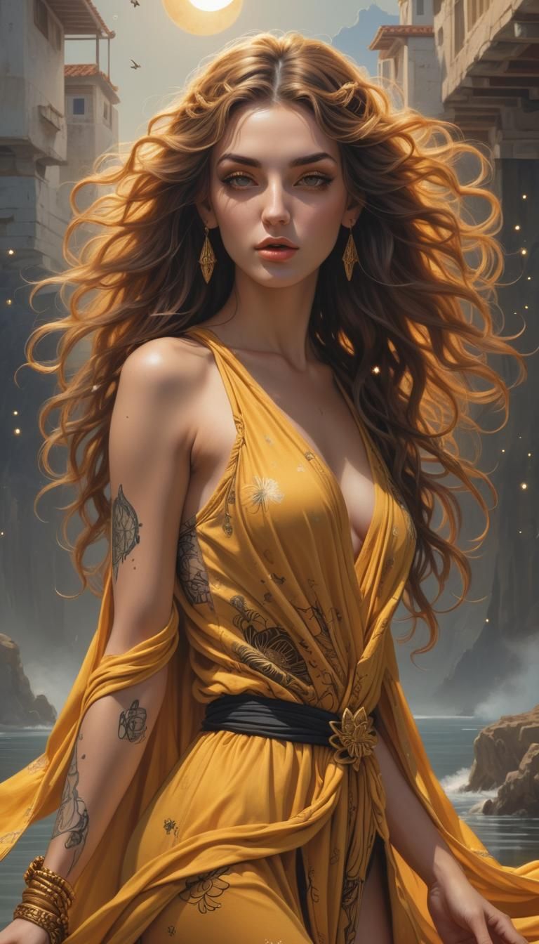 Most beautiful attractive Greek model  wearing lotus robe kn...