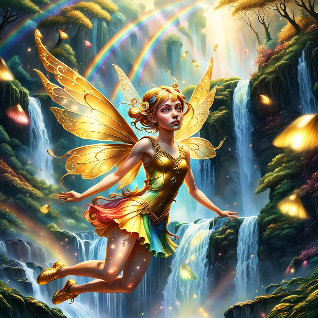 Golden Fairy Flying in Rainbow Forest
