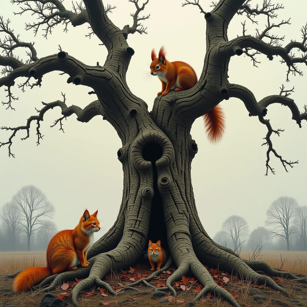 Post-Apocalyptic Tree with Cat and Squirrel in Surreal Horro...