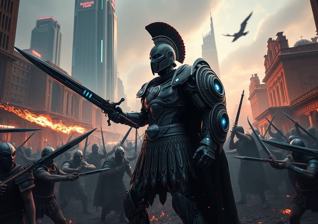 Cybernetic Roman Legionnaire in Dystopian Battle