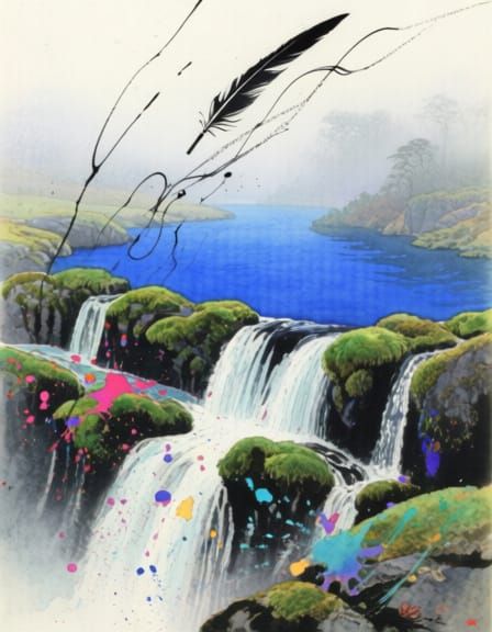 Evocative Waterfall Painting in Black Watercolor and Ink