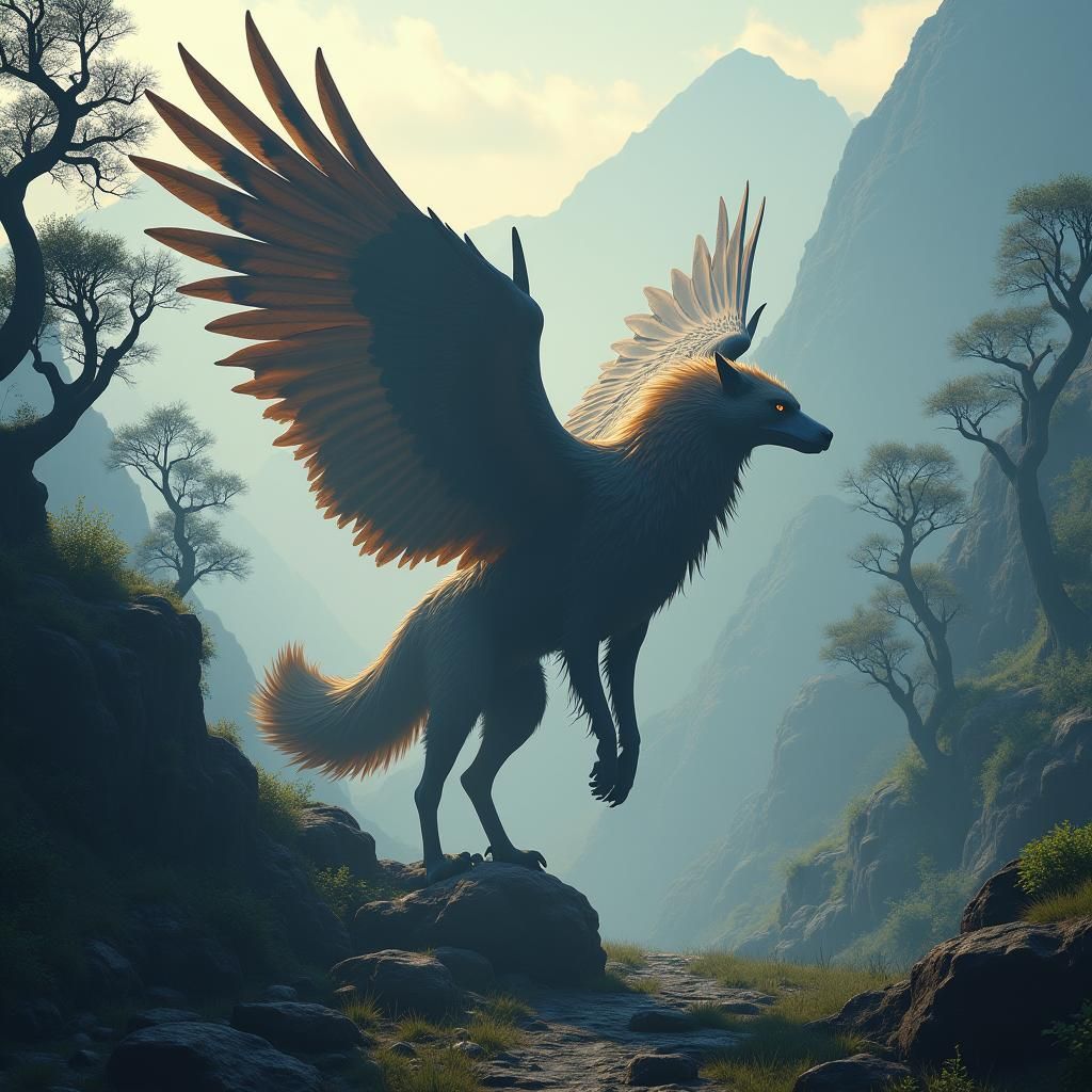 Majestic Eagle-Wolf Hybrid in Fantasy Landscape