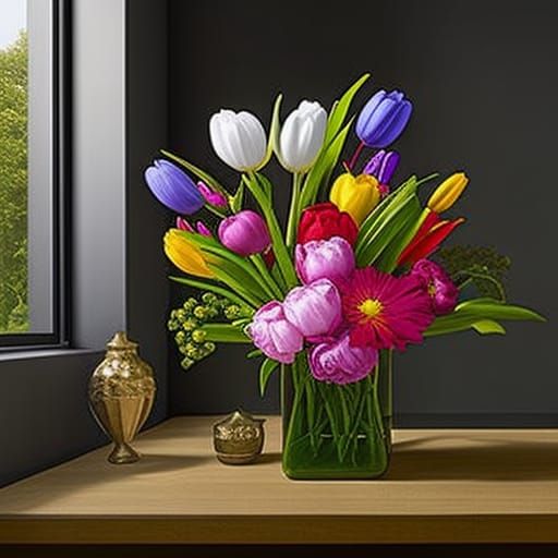 Vibrant Tulips in Glass Vase: Oil Painting