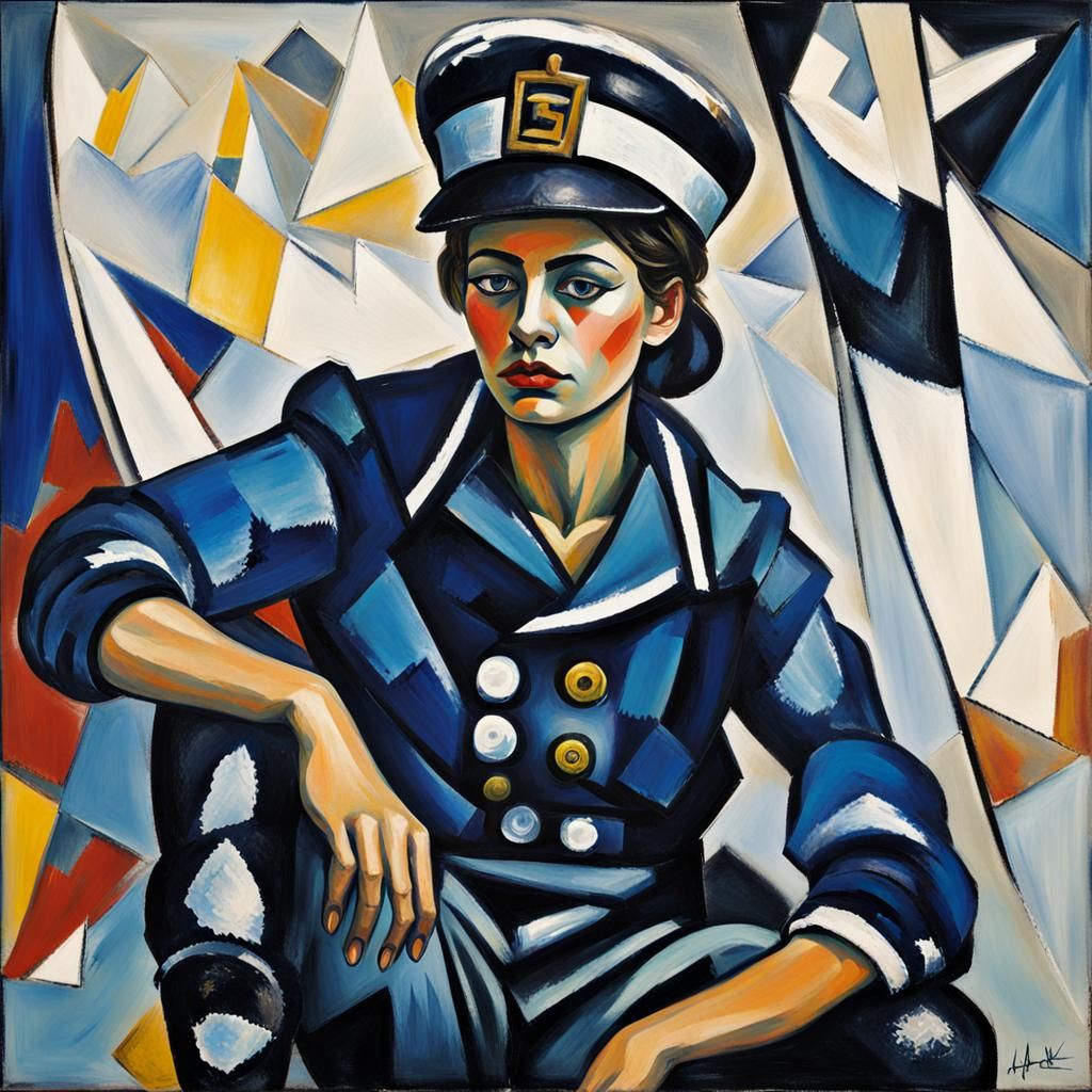 Expressionist Painting of a Female Sailor in Dark Boots