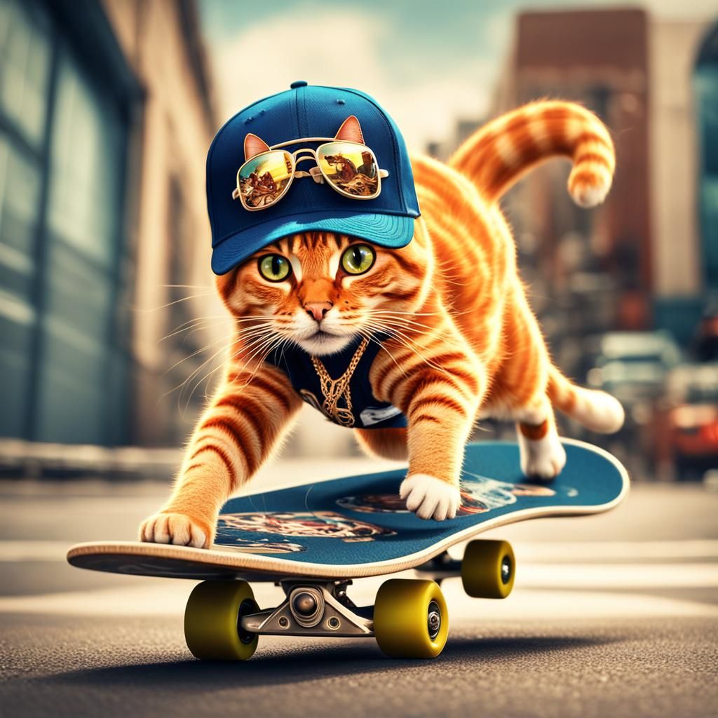 Anime Ginger Cat Does 360 Flip on Skateboard