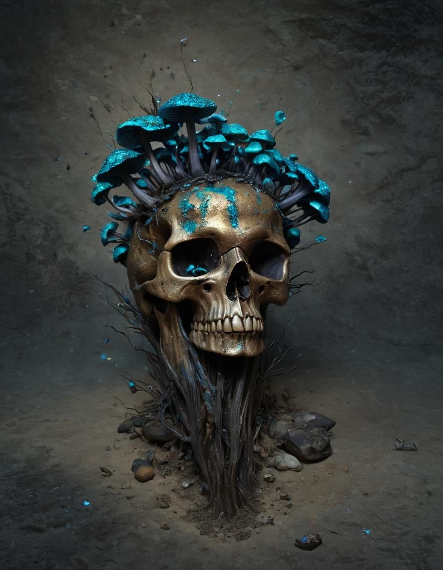 Iridescent Mushrooms Grow in Charred Skull