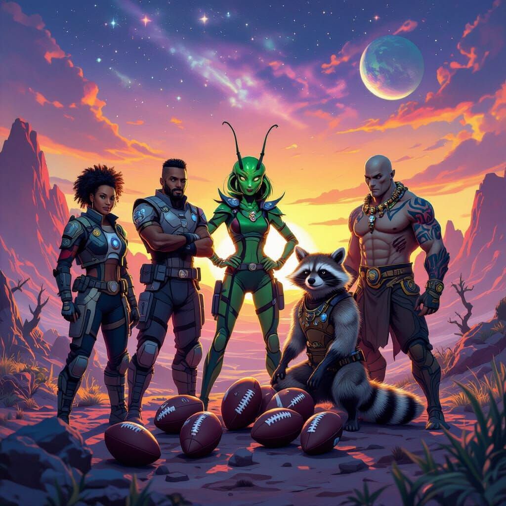 Quirky Space Adventurers Pose with Footballs on Alien Planet