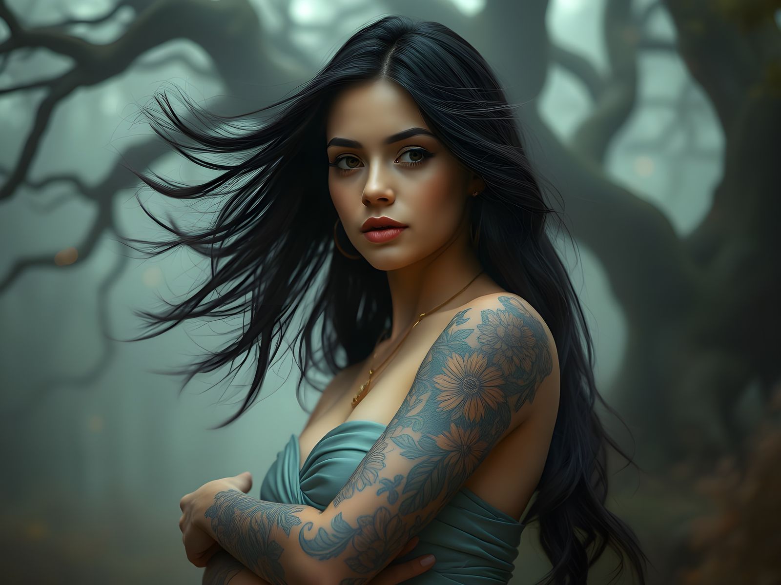 Ethereal Woman with Floral Tattoos in Digital Painting