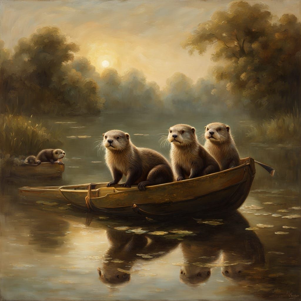 Otters in Lake: Dutch Golden Age Oil Painting
