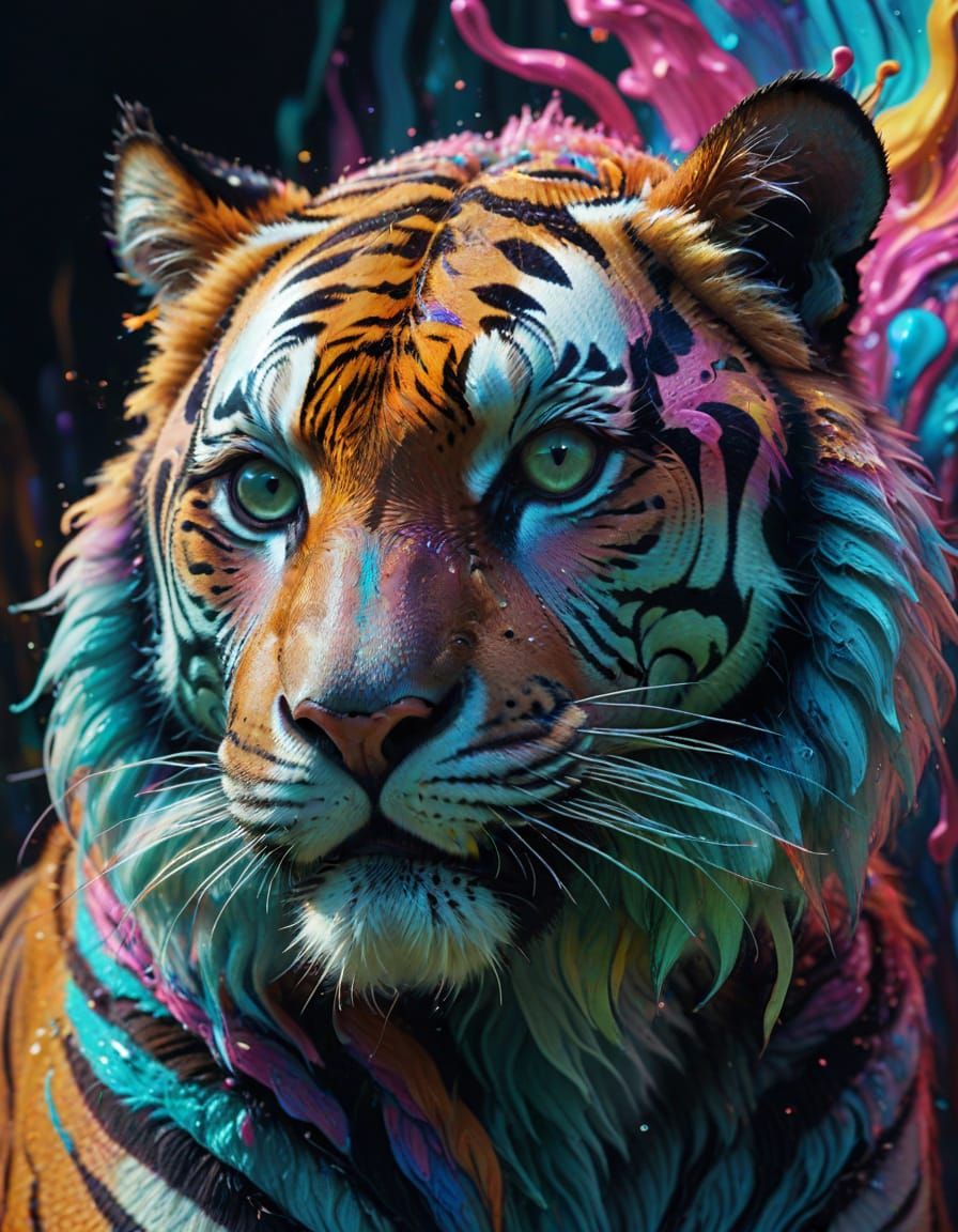 Surreal Tiger Portrait in Vibrant, Psychedelicpunk Stripes