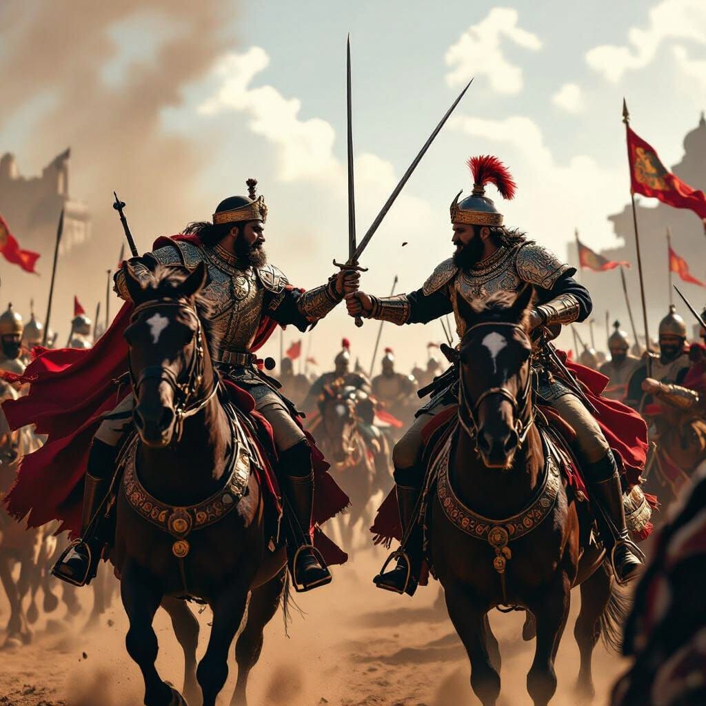 Cinematic Duel of Generals on Horseback in Epic Battle