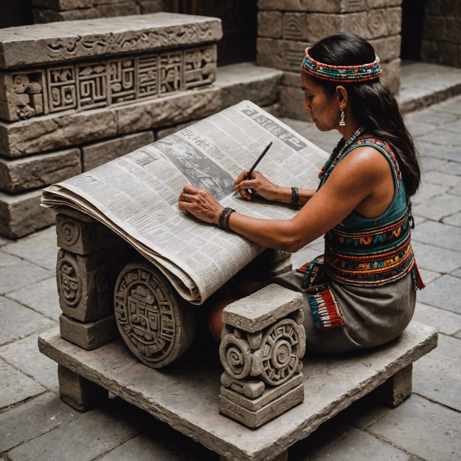Aztec Woman Reads Stone Newspaper