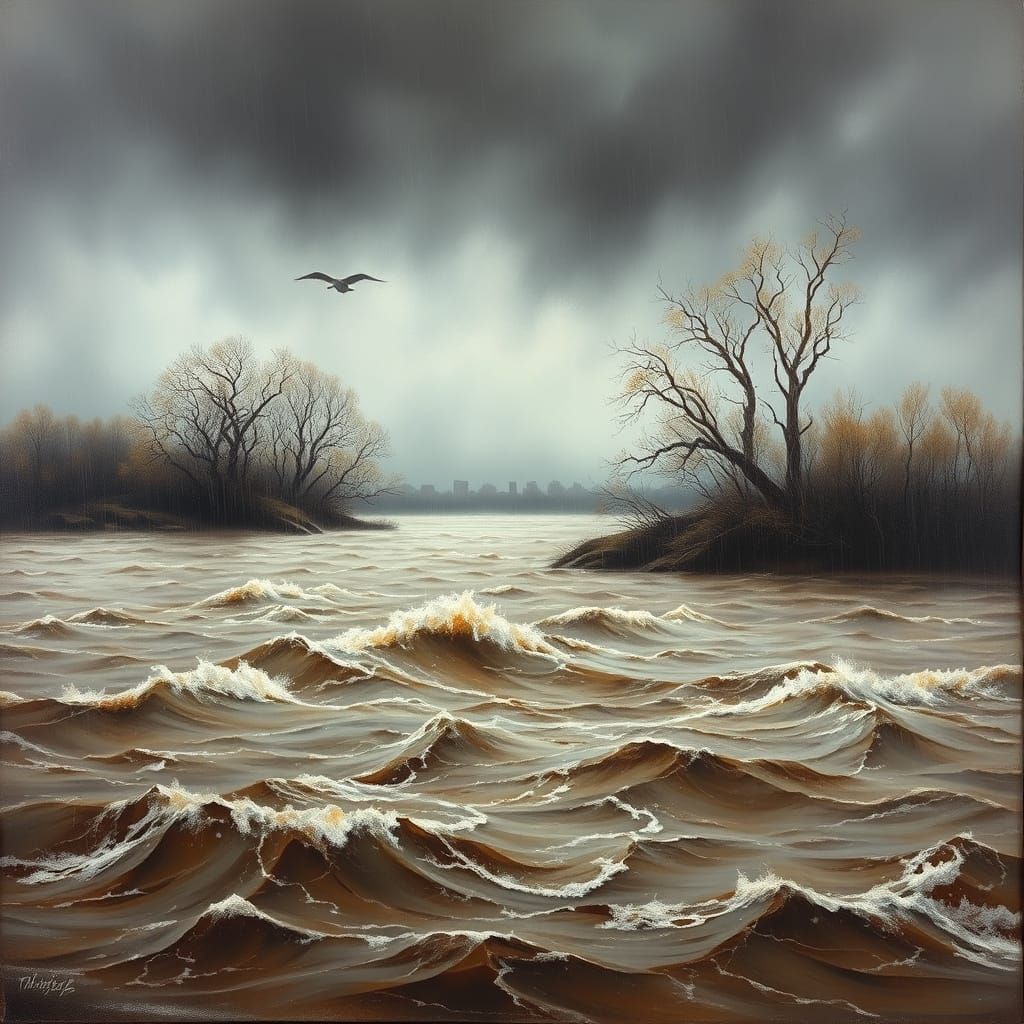 Turbulent River Floods Under Stormy Grey Sky in Oil Painting...