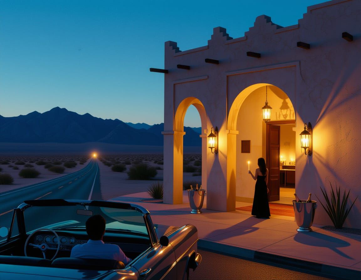 Mysterious Desert Hotel at Night, Ultra-Realistic Photograph