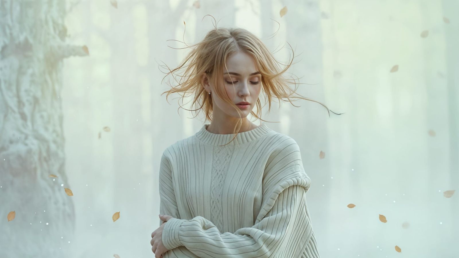 Ethereal Woman in Autumn Forest Sunlight