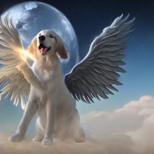 Golden Retriever Ascends to Heaven with Angel Wings