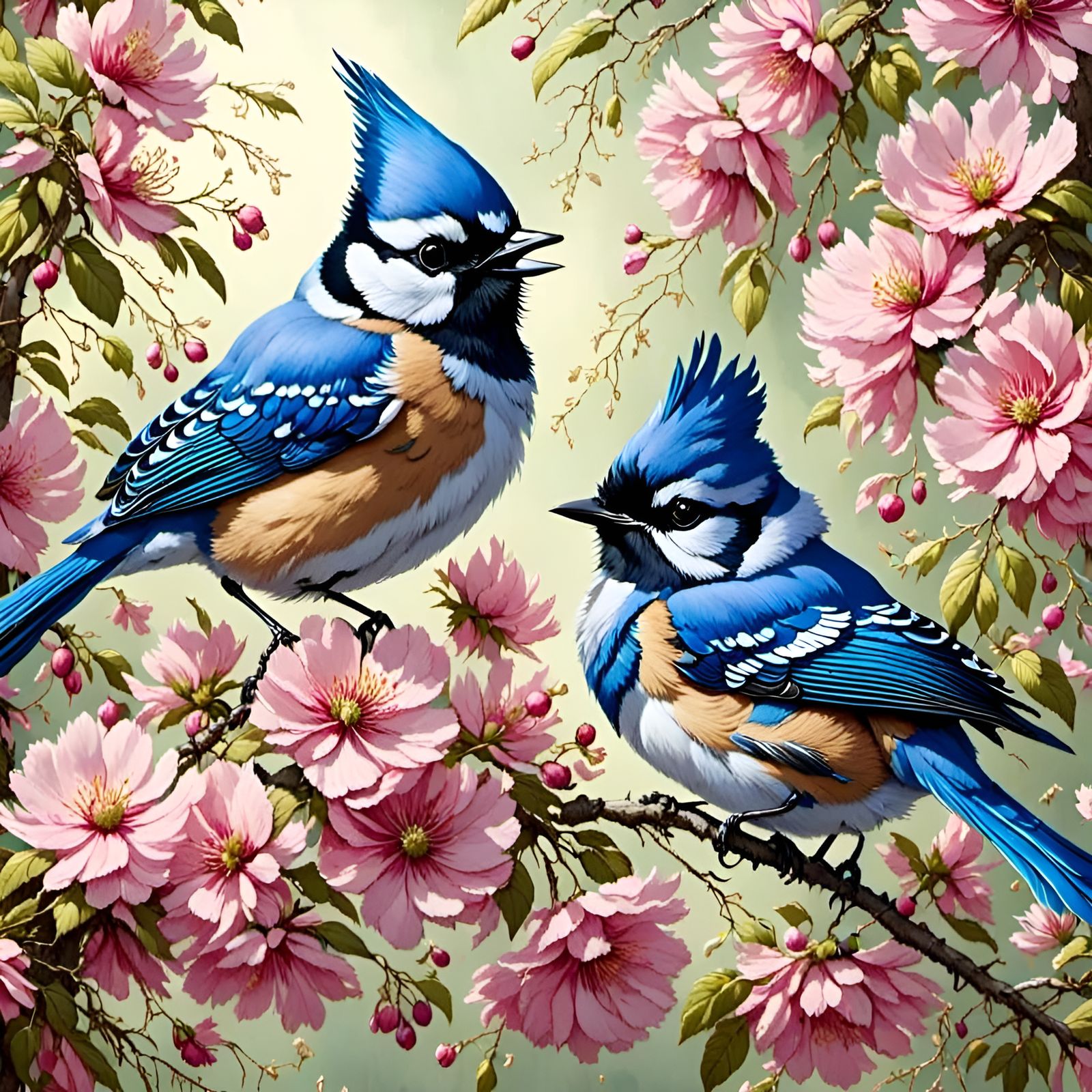 Adorable Fluffy Bluejays in Summer Landscape