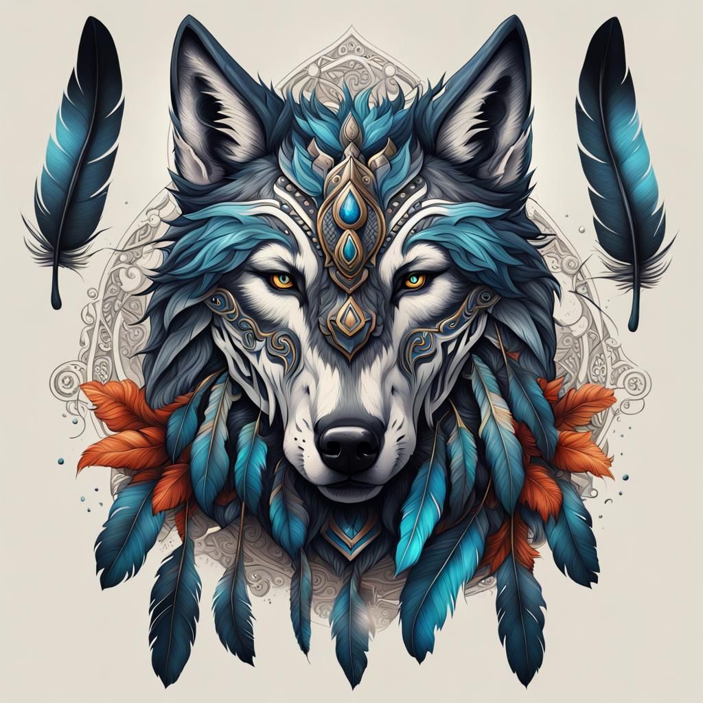 Tribal Wolf Tattoo Design with Feathers and Fleur-de-lis
