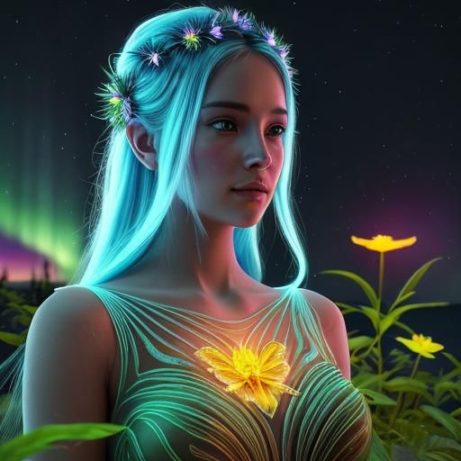 Divine Feminine Portrait in Bioluminescent Bloomcore Style