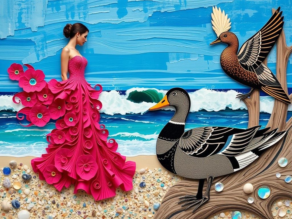 Elegant Woman in Whimsical Beach Scene