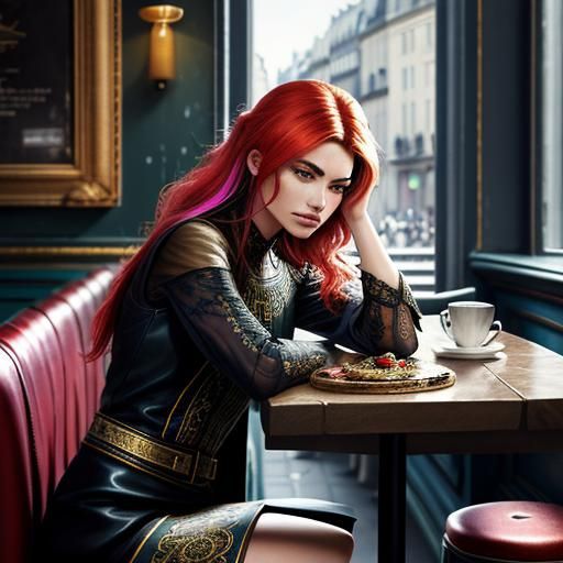 Pensive Woman in Parisian Cafe: Hyperrealistic Splash Art