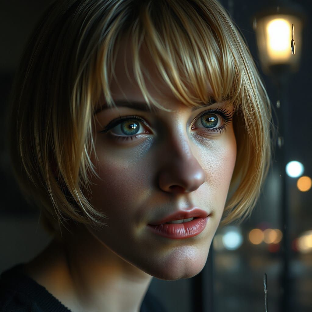 Photorealistic Portrait of Woman Gazing Through Rainy Window