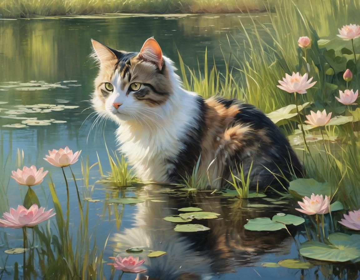 Impressionist Cat by Pond in Monet Style
