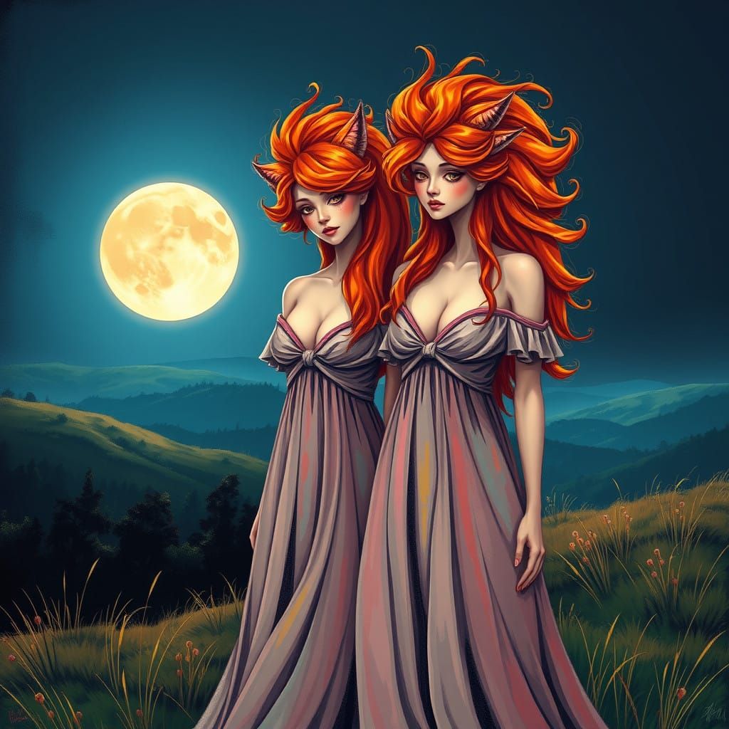 Ginger Sisters Under the Lunar Glow in Graffiti Art