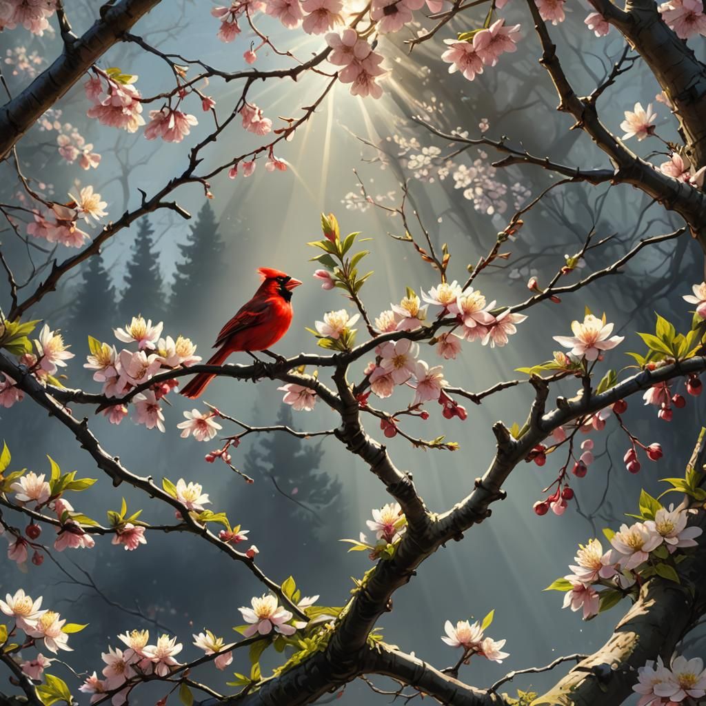 Cardinal and Cherry Blossoms in Rembrandt Style