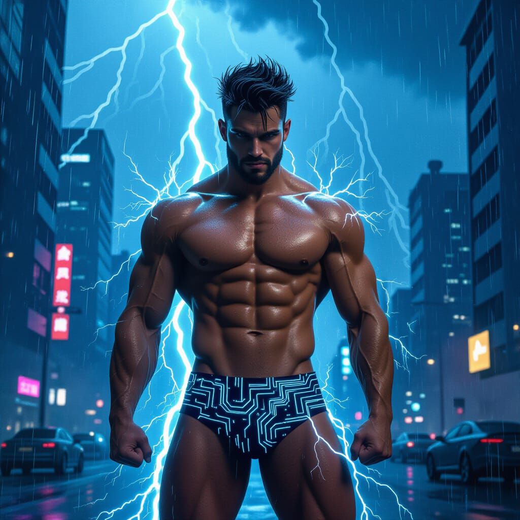 Electric God in Cyberpunk Cityscape Concept Art