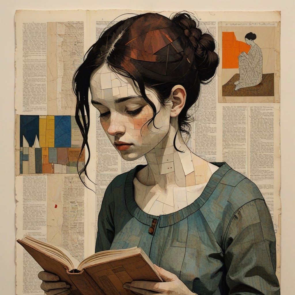 Girl Reading Book in Mixed Media Style