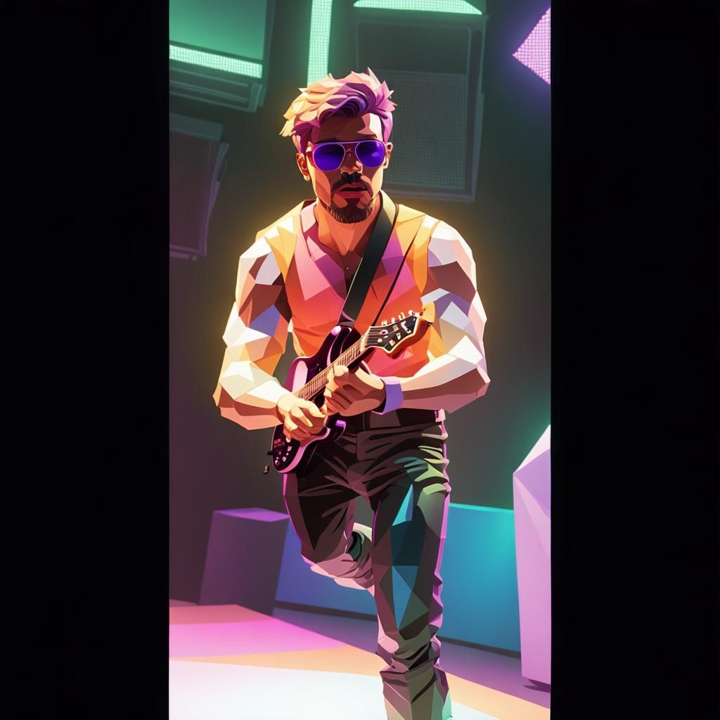 Musician's Rock Pose in Vibrant Low-Poly Art