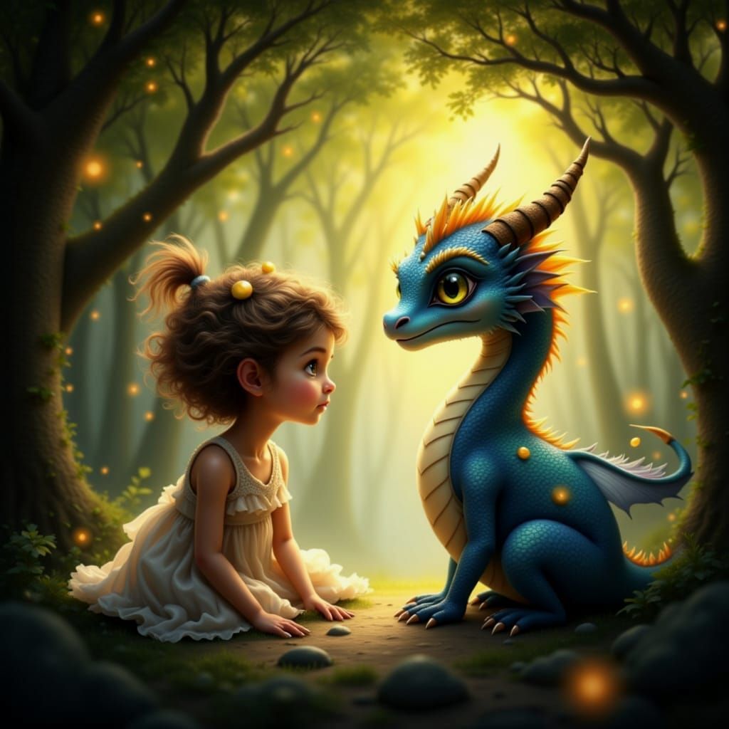 Dragon and Child Under Fireflies: Digital Art