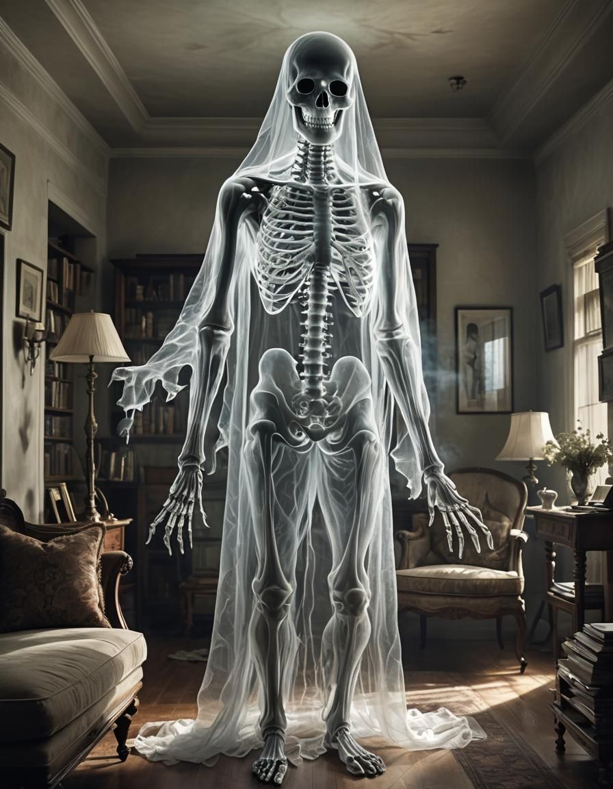 Ethereal X-Ray Ghost in Dimly Lit Room