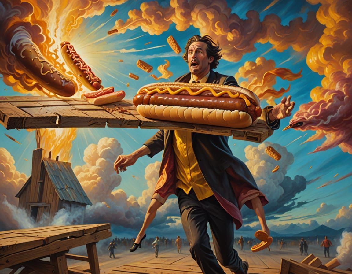 Surreal Man Chases Hot Dog as Oil Painting