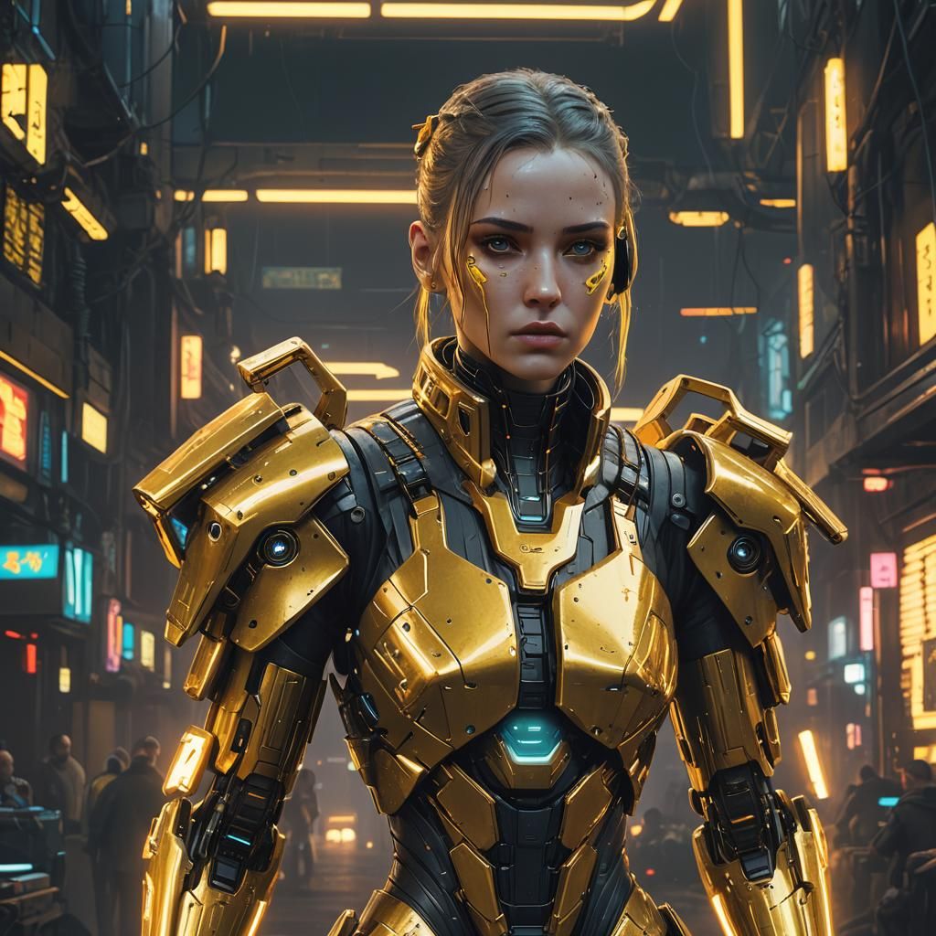 Girl Robot with Golden Core in Cyberpunk Style