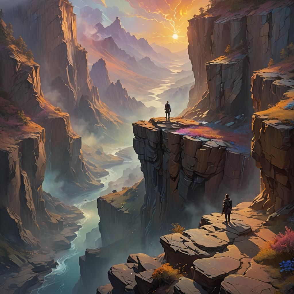 Ethereal Figure with Wings Overlooking Mystical Realm