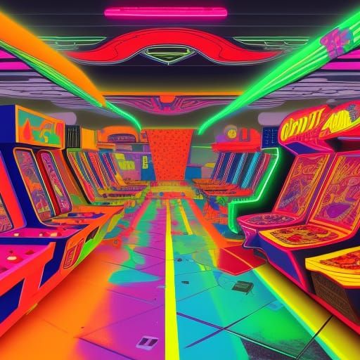 Neon 1980's Arcade with Pizza, Digital Matte Painting