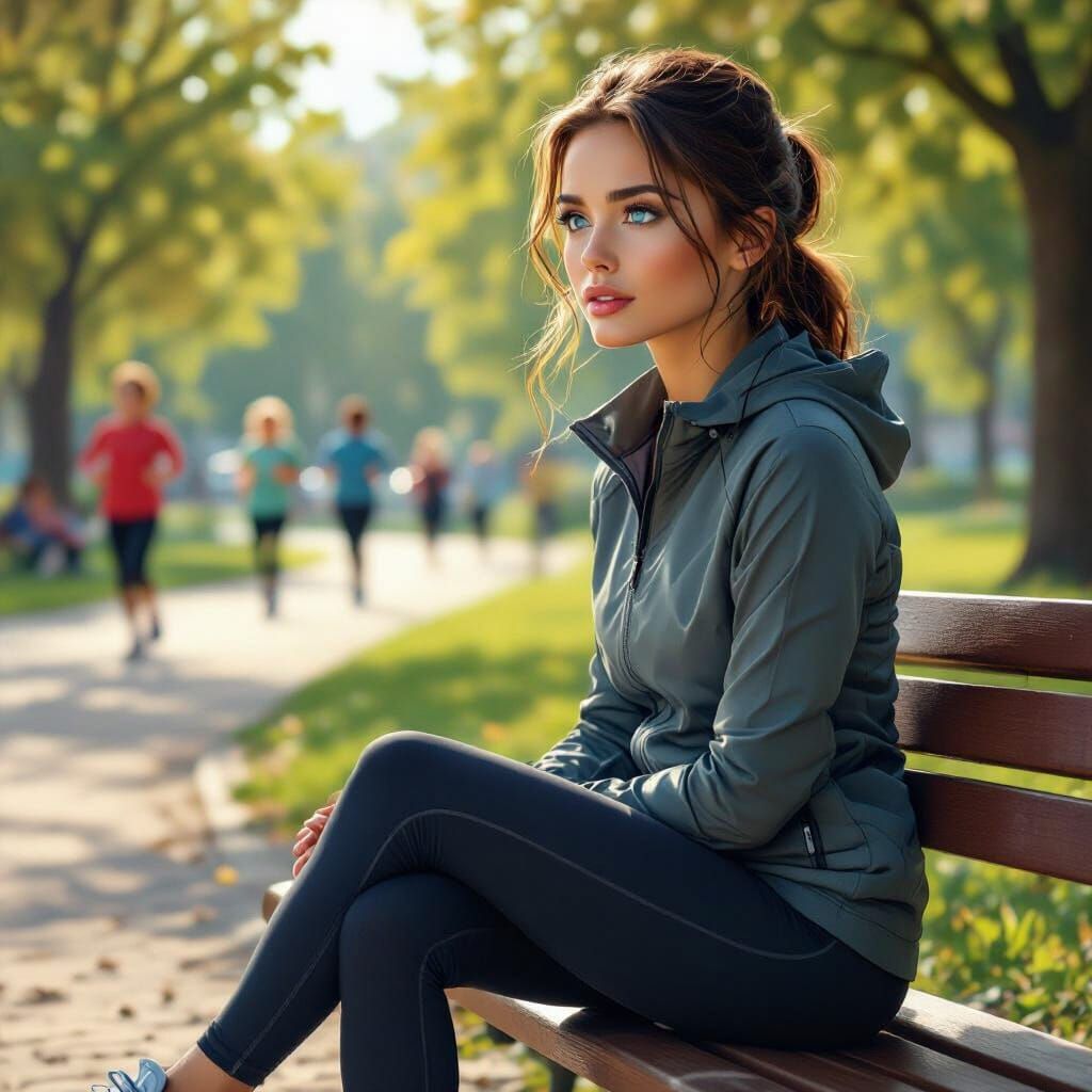 Woman with Blue Eyes in Park, Hyperrealistic Style