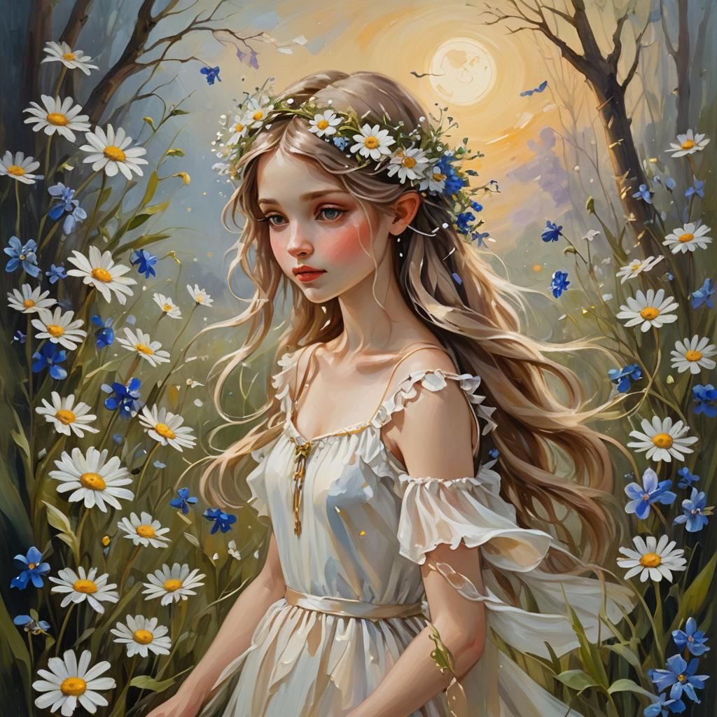 Fairy Girl in Meadow: Dreamy Pre-Raphaelite Oil Painting