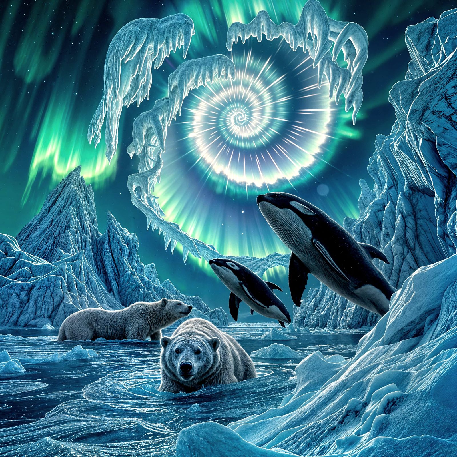 Surreal Northern Lights Illusion with Killer Whales
